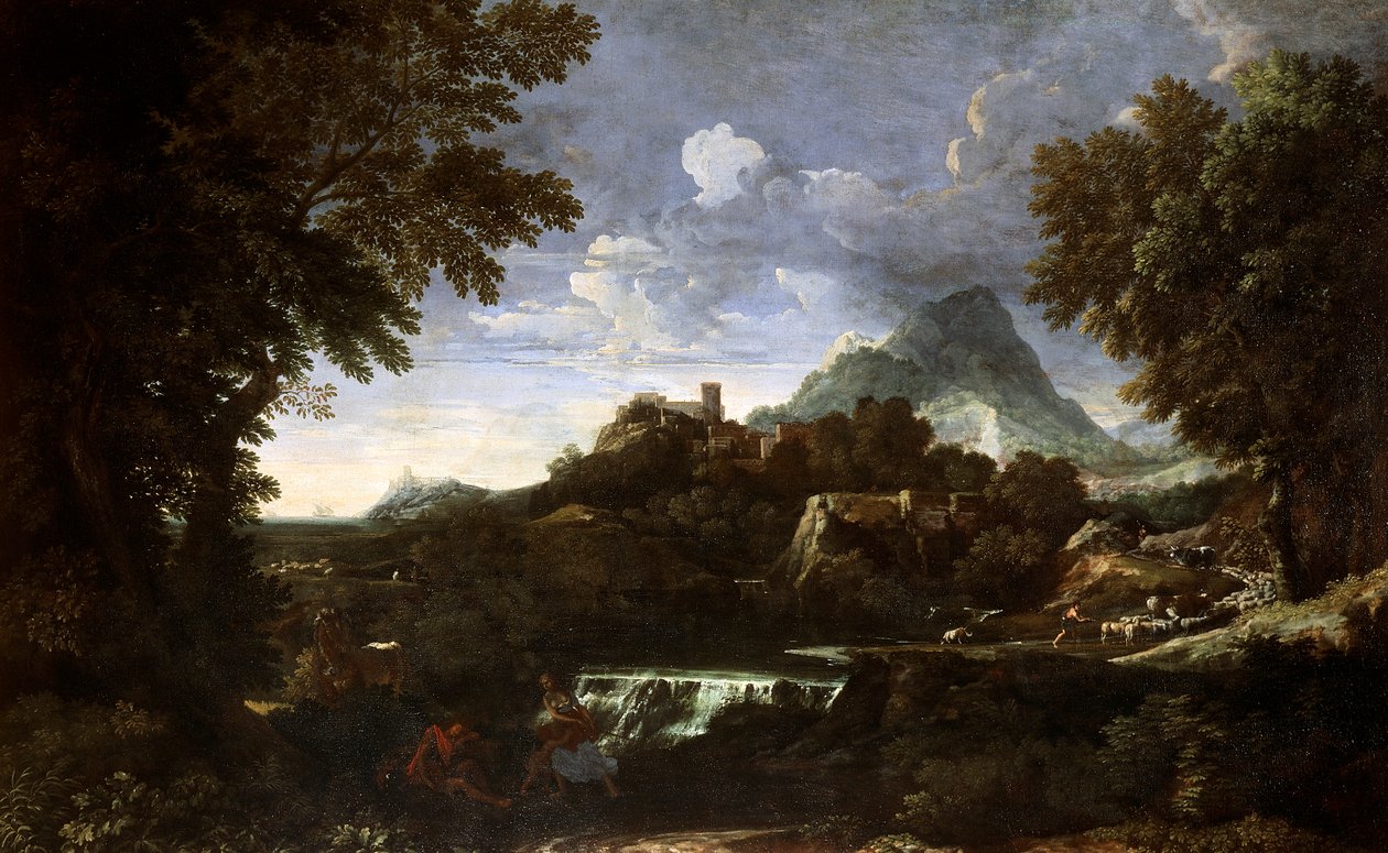 Maisema Rinaldon ja Armidan kanssa (Erminia ja Tancredi), kirjoittanut Gaspard Dughet (1615-1675), öljy kankaalle tekijältä Gaspard Poussin Dughet