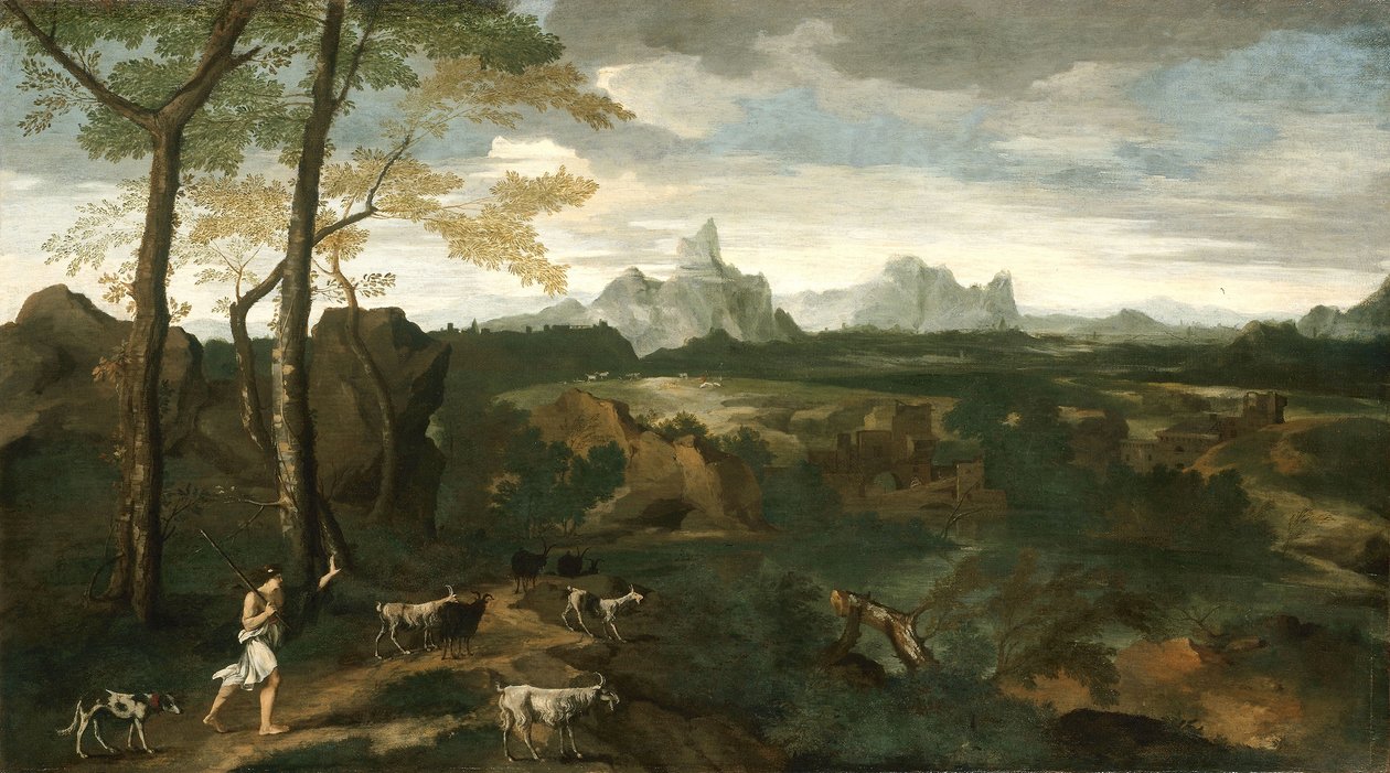 Maisema paimenen ja vuohien kanssa, n. 1635 (öljy kankaalle) tekijältä Gaspard Poussin Dughet