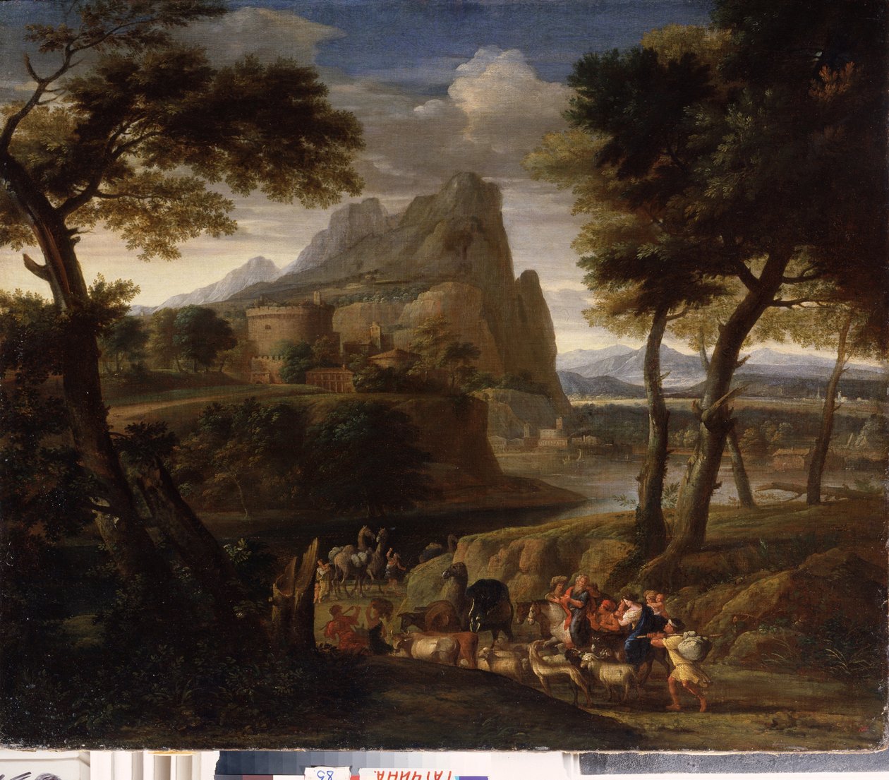 ""Maisema matkailijoiden kanssa"" (Maisema karavaanin kanssa) Gaspard Dughetin (1615-1675) maalaus 1600-luvun valtion ulkoilmamuseon palatsi Gatchina, Pietari tekijältä Gaspard Poussin Dughet