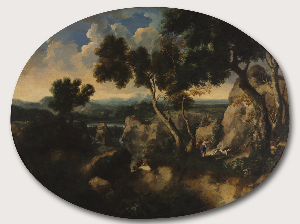 Kalliomaisema metsästäjien kanssa, n. 1635 tekijältä Gaspard Poussin Dughet