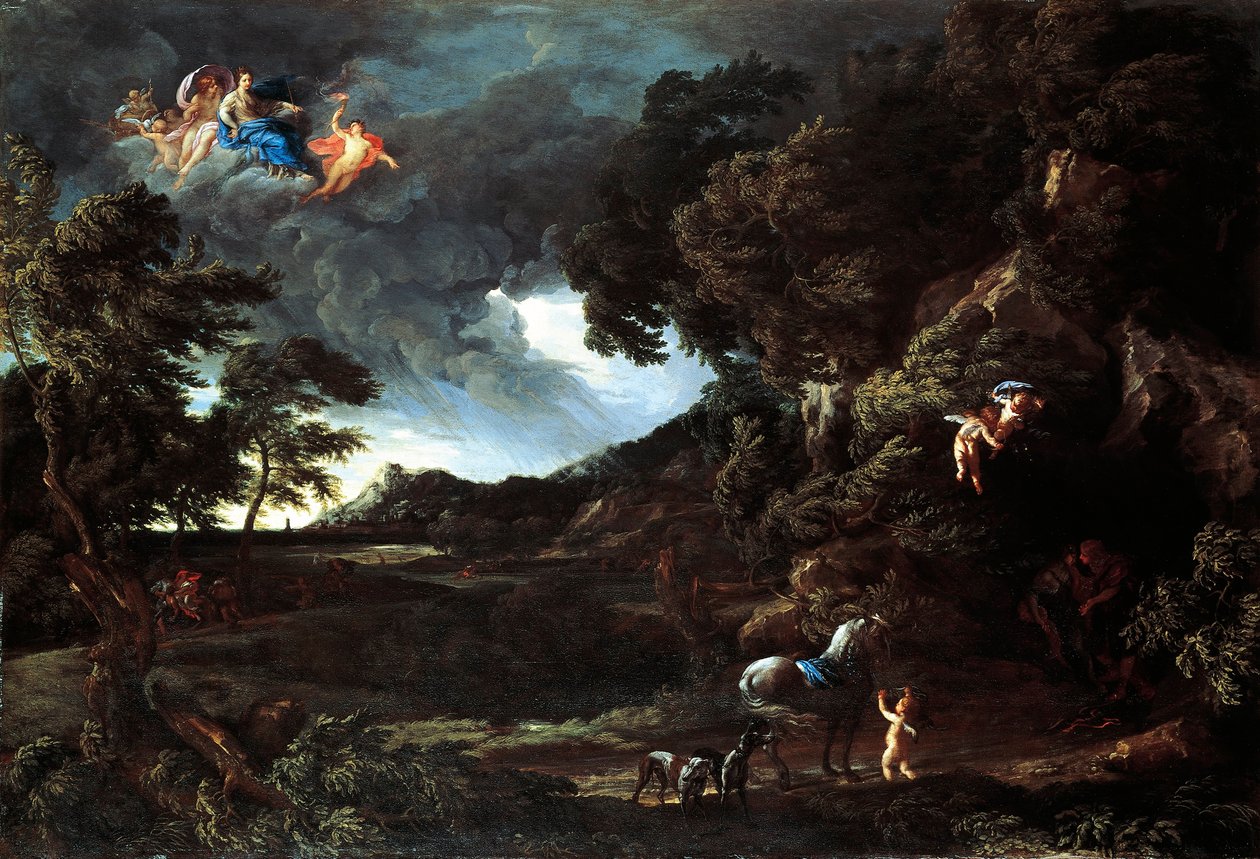 Maisema Didon ja Aeneasin liitossa, n. 1664-1648 (öljy kankaalle) tekijältä Gaspard Poussin and Maratta or Maratti Carlo Dughet