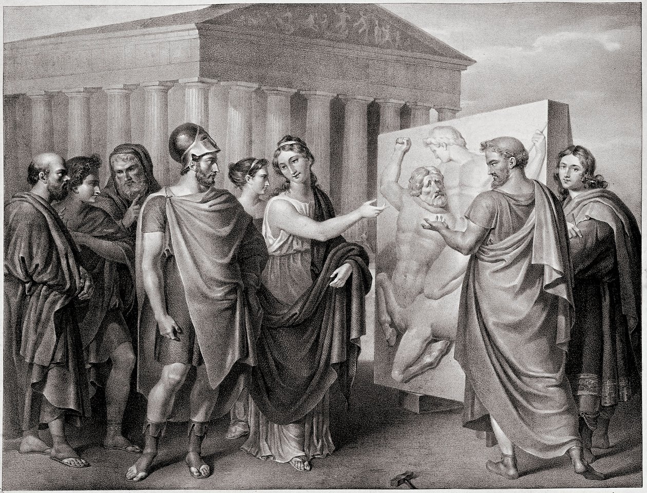 Ateenalainen poliitikko Perikles (495-429 eKr.) ja hänen toverinsa Aspasie ohjaavat Phidiaan työtä Parthenon a Athenes -tapahtumassa (Perikles ja Aspasia ohjaavat Phidiaan työtä Parthenonille Ateenassa). Kaiverrus Gaspare Landin (1756-1830) maalauksen jälk tekijältä Gaspare Landi