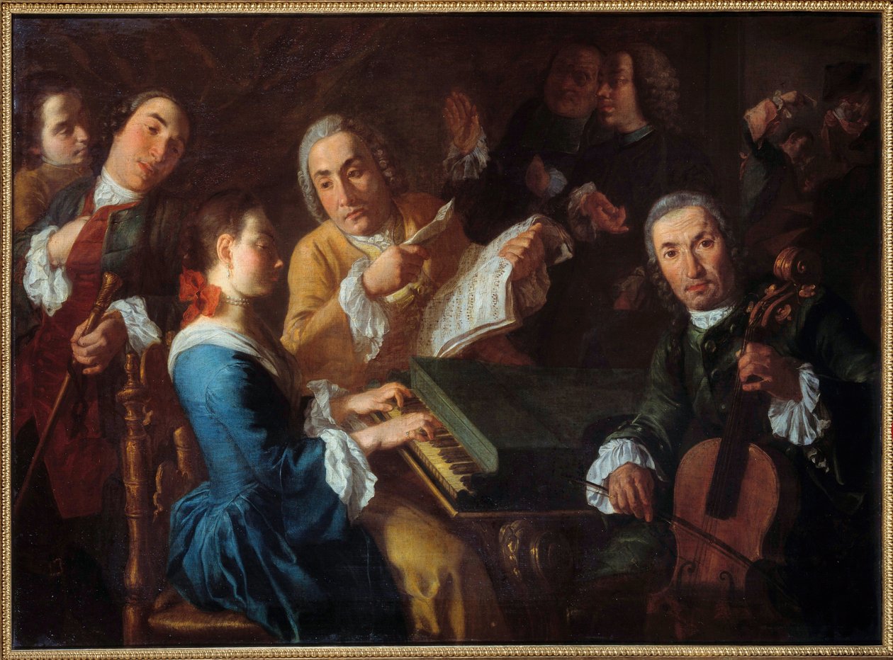 Konsertti Muusikko cembalossa ja sellisti. maalaus Gaspare Traversi (1722-1770) 17th century Sun. 0,96 x 1,3 m Rouen, Musee des Beaux Arts tekijältä Gaspare Traversi