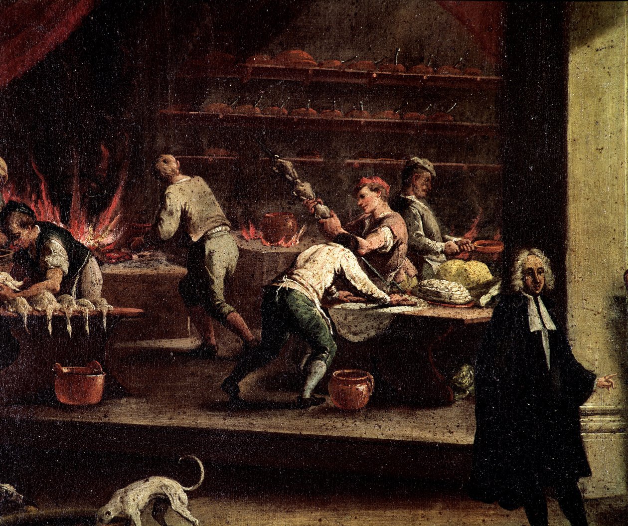 Venetsialaiset kokit työskentelevät keittiössä Yksityiskohta - maalaus Gaspare Dizianin (1698-1767), kokkitaiteen lipun (Arte dei cuochi) ansioksi Venetsia, Museo Correr tekijältä Gasparo Diziani
