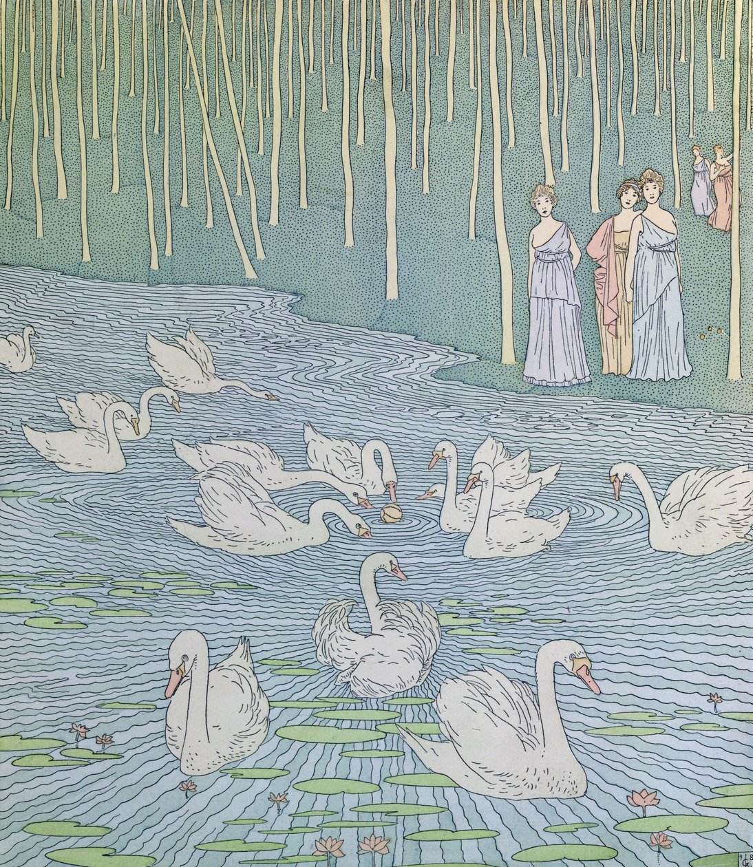 Nausicaa ja hänen seuralaisensa leikkimässä pallolla, kuvitus Odysseian kirjasta 6, kääntäjä Lecomte de lIsle, n. 1900 tekijältä Gaston de Latenay