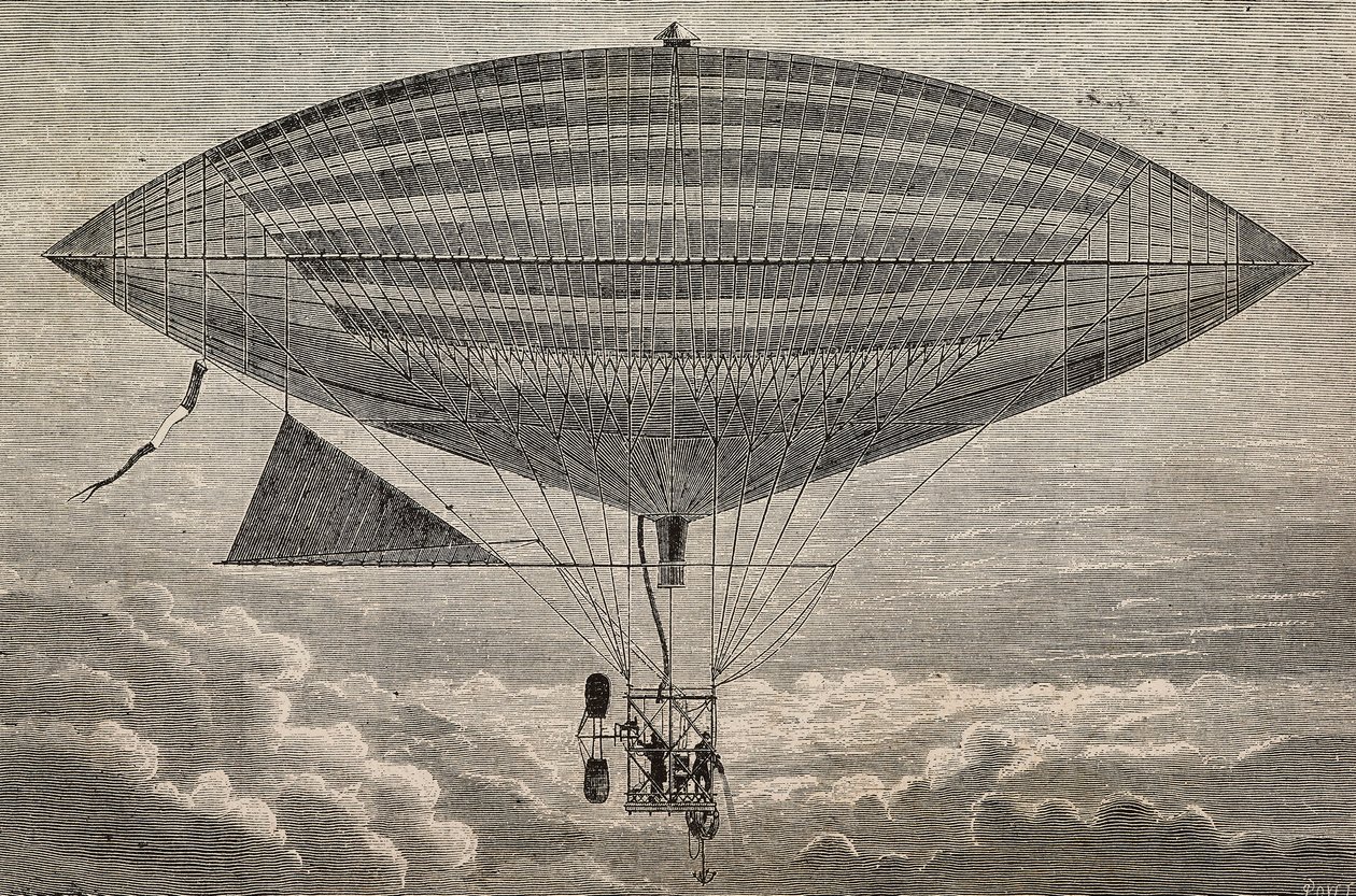 Sähköinen ilmapallo potkurilla, Gastonin (18473-1899) ja Albert Tissandierin (1839-1906) prototyyppi, Pariisi, Ranska, kaiverrus L