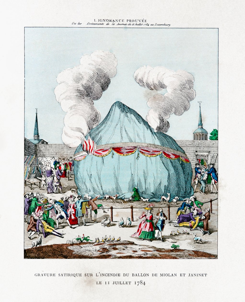 Satiirinen kaiverrus Miolanin ja Janinetin ilmapallon tuleen 1784 1887 tekijältä Gaston Tissandier