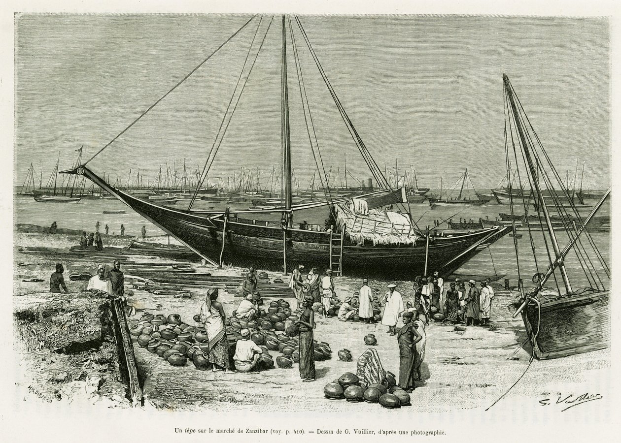 Tepe Zanzibarin markkinoilla (Tansania). G. Vuillierin kaiverrus havainnollistamaan tarinaa Voyage among the Benadirs, Somalias and Bayouns, 1882 ja 1883, kirjoittanut G.Revoil, in le tour du monde 1888, ohjannut Edouard Charton (1807-1890), Hachette, Pari tekijältä Gaston Vuillier
