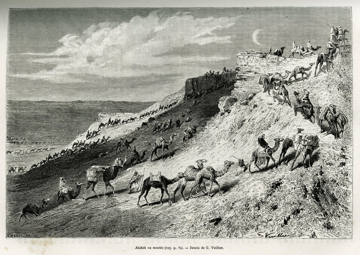 Akabah tai jonossa kamelit karavaanista. G. Vuillierin kaiverrus havainnollistamaan tarinaa "" pelerinage au Nedjed, arabirodun kehto", Lady Anna Blunt, vuosina 1878-1879, julkaistu Tour du mondessa, Edouard Chartonin (1807-) johdolla. 1 tekijältä Gaston Vuillier