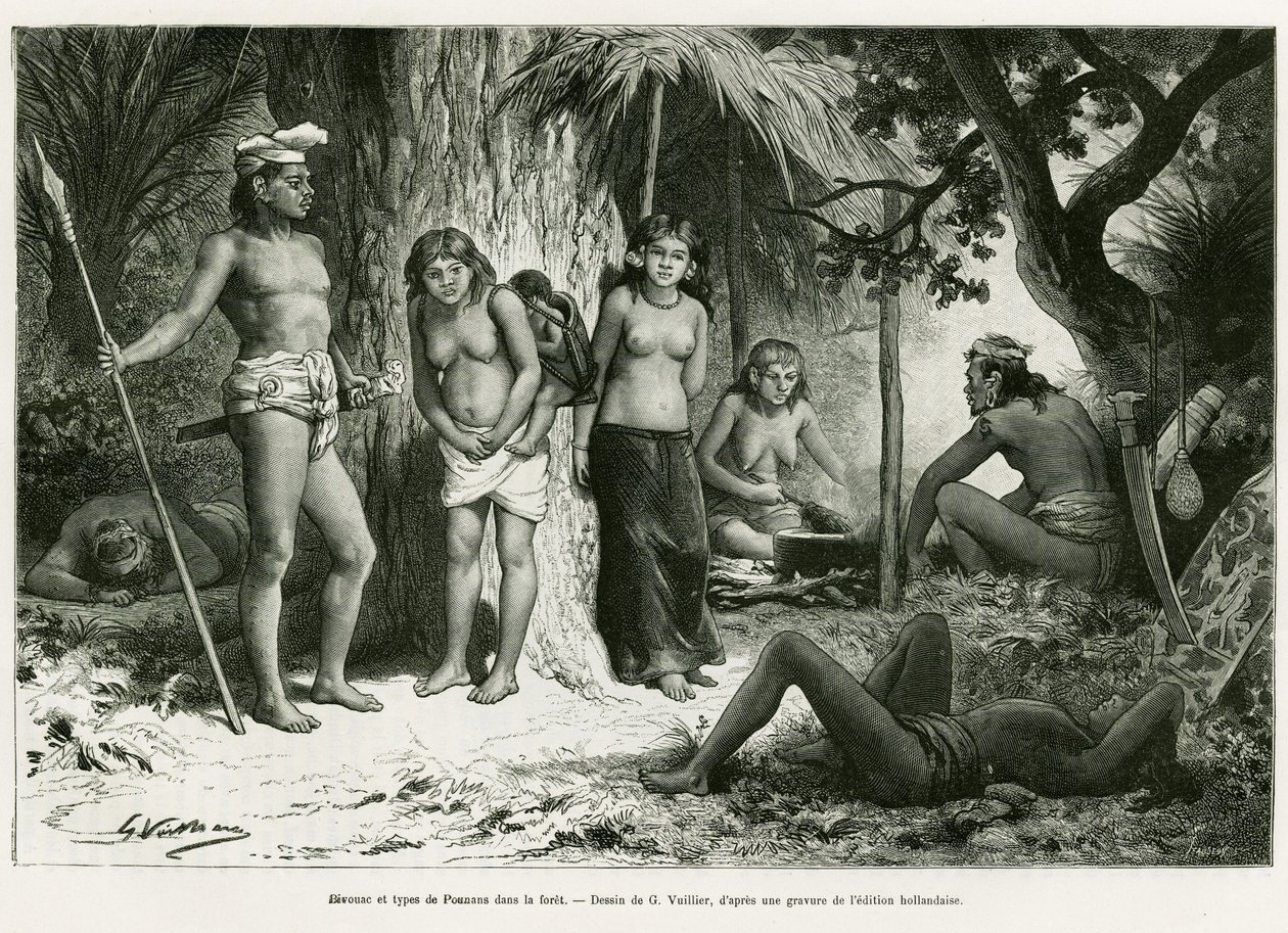 Bivouac ja keuhkot metsässä. G. Vuillierin kaiverrus havainnollistamaan tarinaa De Koutei a Bandjirmasin, matka Borneon halki, Carl Bock, in le tour du monde 1890, ohjaaja Edouard Charton (1807-1890), Hachette, Pariisi. tekijältä Gaston Vuillier