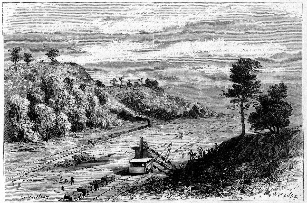 Panaman kanavan rakentaminen - Panaman kannaksen lävistys: yleiskuva Monkey Hill (Monkey-Hill) -kaivukonepaikasta. Vuillierin kaiverrus julkaisussa "Le Monde Illustre" nro 1309 29. huhtikuuta 1882. tekijältä Gaston Vuillier