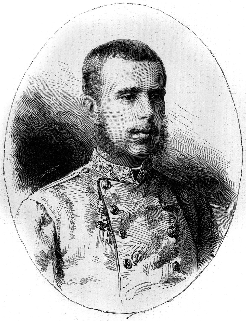 Itävallan arkkiherttua Rodolphin (1858-1889) muotokuva. G. Vuillierin kaiverrus julkaisussa "" Le Monde Illustré"" nro 1260, 21. toukokuuta 1881. tekijältä Gaston Vuillier