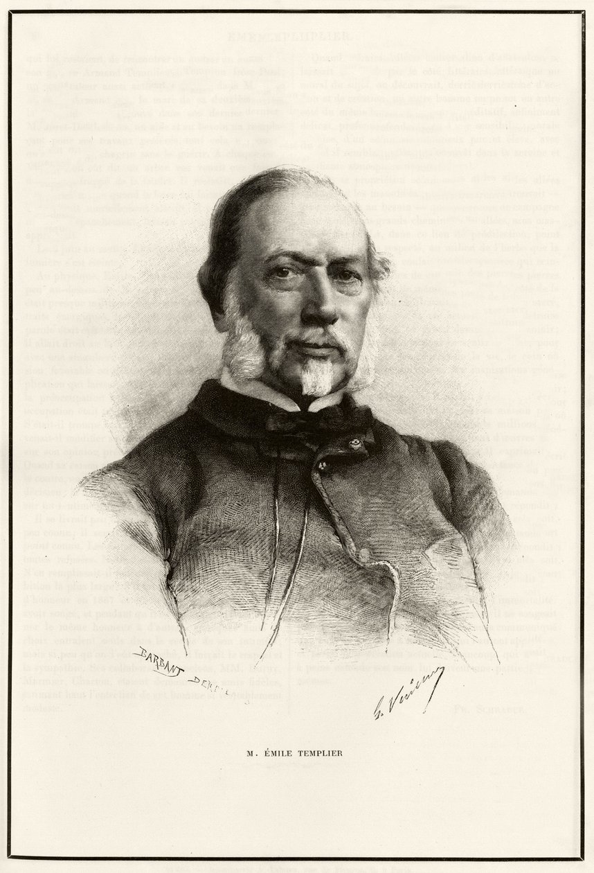 Muotokuva Emile Templieristä (1821-1891), Louis Hachetten (1800-1864) yhteistyökumppanista, joka vastasi Tour du monden valmistuksesta. G.Vuillierin kaiverrus havainnollistamaan Gabriel Bonvalon tarinaa "Pariisista Tonkiniin, tuntemattoman Tiibetin läpi" tekijältä Gaston Vuillier