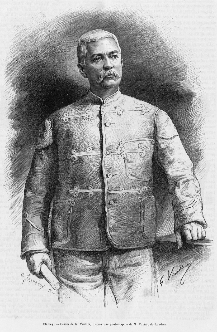 Henry Morton Stanleyn (s. John Rowlands 1841-1904) muotokuva toimittaja ja tutkimusmatkailija. G. Vuillierin kaiverrus havainnollistamaan tarinaa Afrikan pimeydessä, löydetty Emin Pashan tutkimus ja vetäytyminen tekijältä Gaston Vuillier