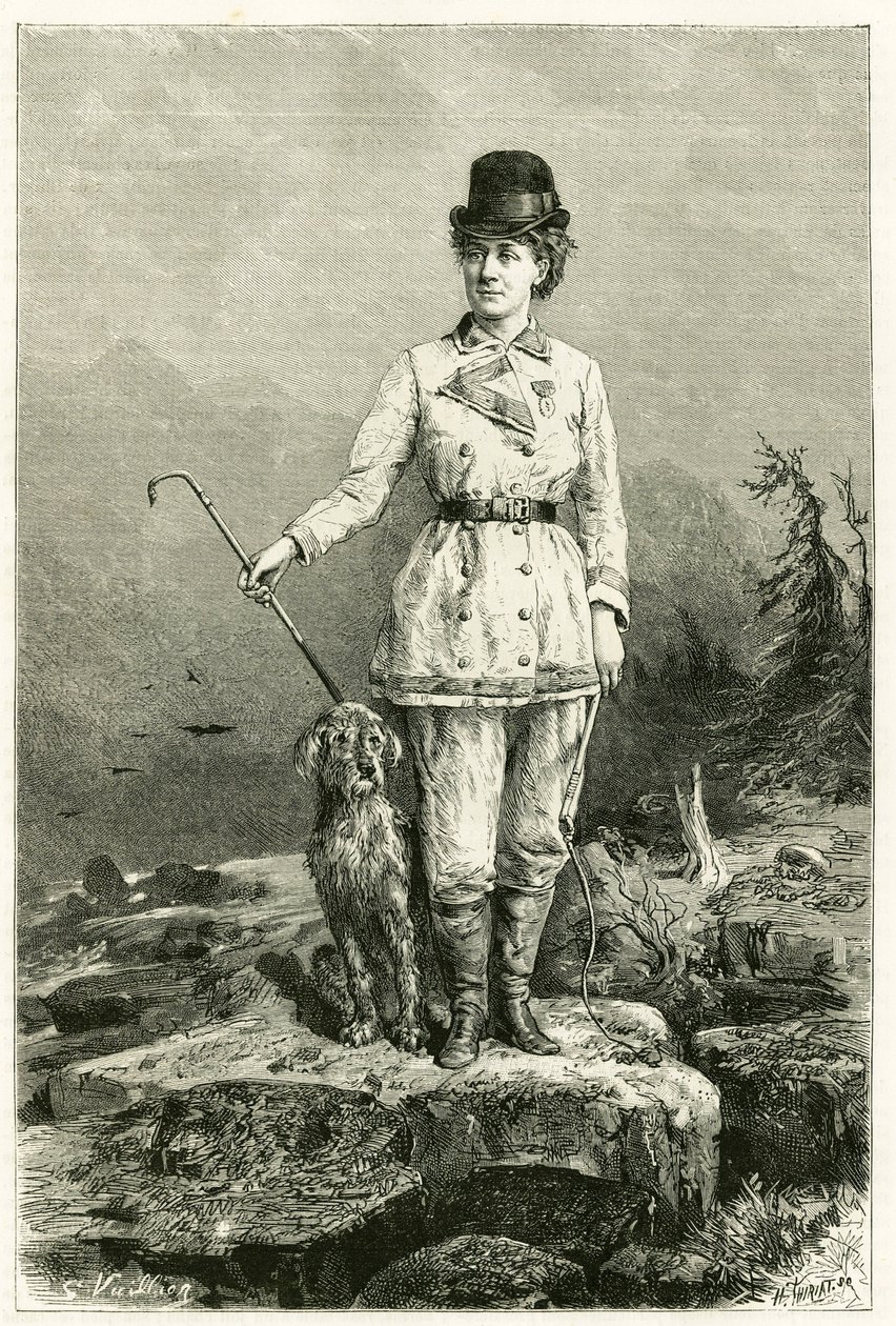Madame Marie De Ujfalvy-Bourdonin muotokuva matkapuvussa koiransa kanssa, naimisissa etnologi lingvistin ja tutkimusmatkailijan Charles Eugene Ujfalvyn (1842-1904) kanssa, hän seurasi häntä kaikilla hänen tutkimusmatkoillaan. Kaiverrus G.Vuillier, luonnon  tekijältä Gaston Vuillier