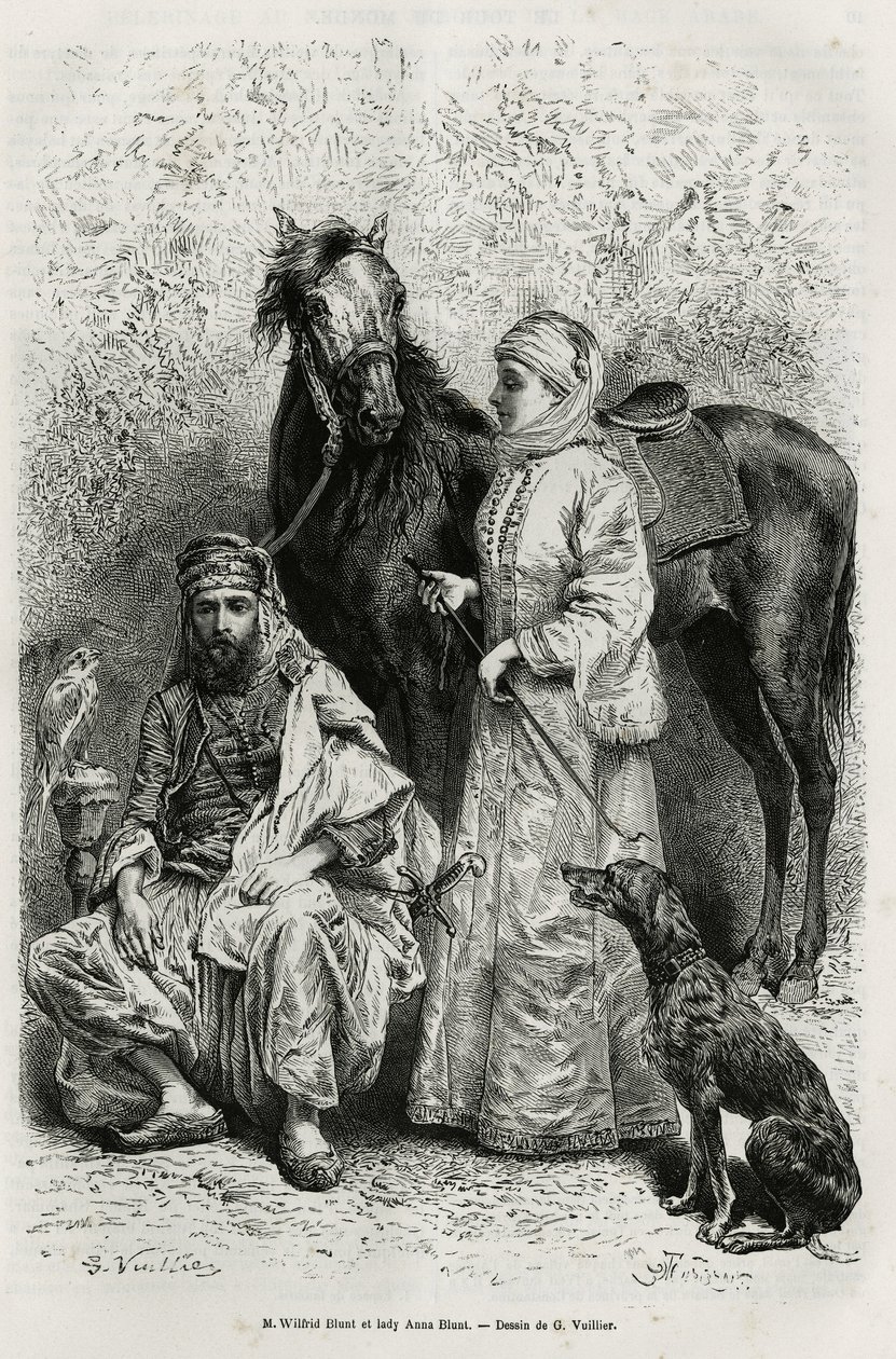 Muotokuvia herra Wilfrid Bluntista (1840-1922), runoilijasta ja kirjailijasta, ja hänen vaimostaan Lady Anna Bluntista (s. King Noel (King Noel) 1837-1917), joka oli ensimmäinen Lähi-itään tutkinut eurooppalainen nainen matkapuvussa , yhden arabihevosen ed tekijältä Gaston Vuillier