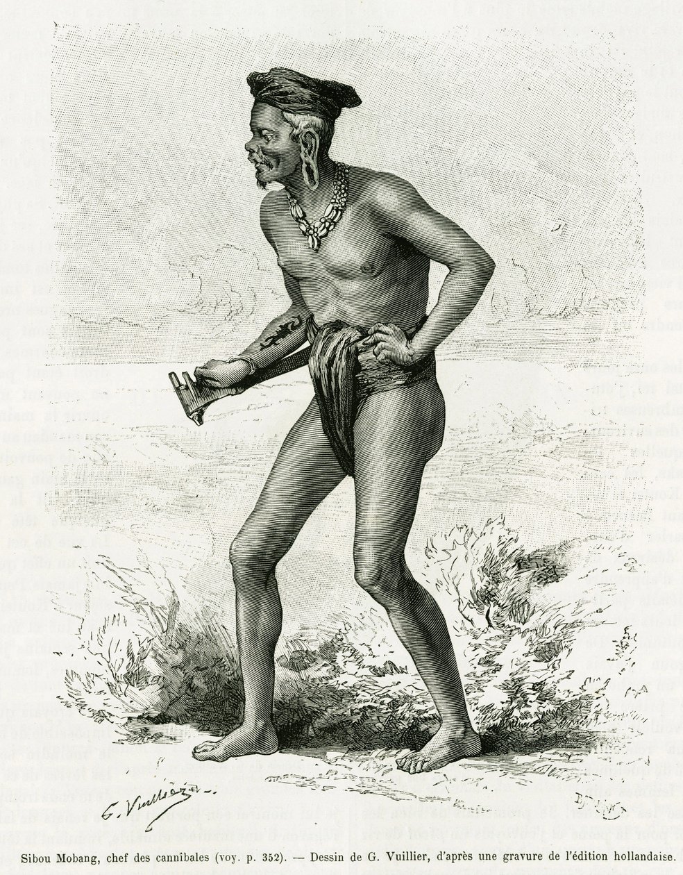 Sibou Mobang, kannibaalien johtaja. G. Vuillierin kaiverrus havainnollistamaan tarinaa De Koutei a Bandjirmasin, matka Borneon halki, Carl Bock, in le tour du monde 1890, ohjaaja Edouard Charton (1807-1890), Hachette, Pariisi. tekijältä Gaston Vuillier