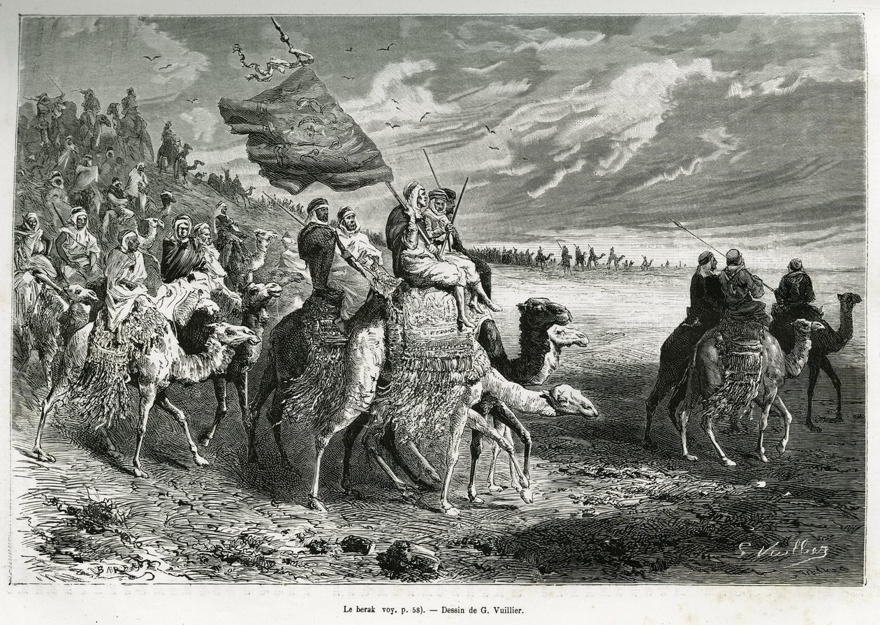 Berak, emiiri Ibn Al Rashidin (1872-1890) lippu (Saudi-Arabia). G. Vuillierin kaiverrus havainnollistamaan tarinaa "" Pelerinage au Nedjed, arabirodun kehto", Lady Anna Blunt, vuosina 1878-1879, julkaistu Tour du mondessa, johdolla tekijältä Gaston Vuillier