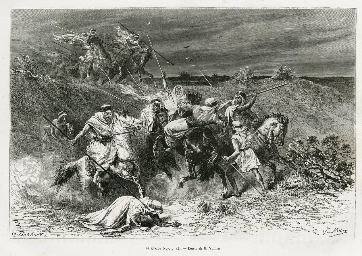 Ghazou tai razzia ryöstää kädellä. G. Vuillierin kaiverrus havainnollistamaan tarinaa "" pelerinage au Nedjed, arabirodun kehto", Lady Anna Blunt, vuosina 1878-1879, julkaistu Tour du mondessa, Edouard Chartonin (1807-) johdolla. tekijältä Gaston Vuillier
