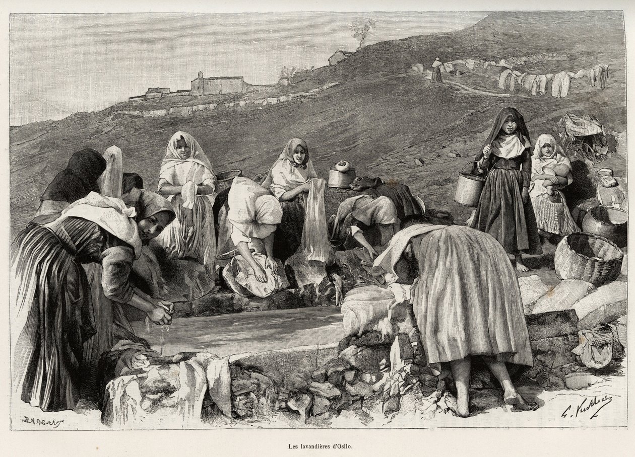 Osilon (Italia) laventeli, naiset kokoontuivat altaan ympärille. Kaiverrus ja tarina "" La Sardaigne", Gaston Vuillier (1845-1915), vuonna 1890, Le tour du monde, nouveau journal des voyages, Edouard Chartonin (1807-1890) johdolla, 2. lukukausi tekijältä Gaston Vuillier