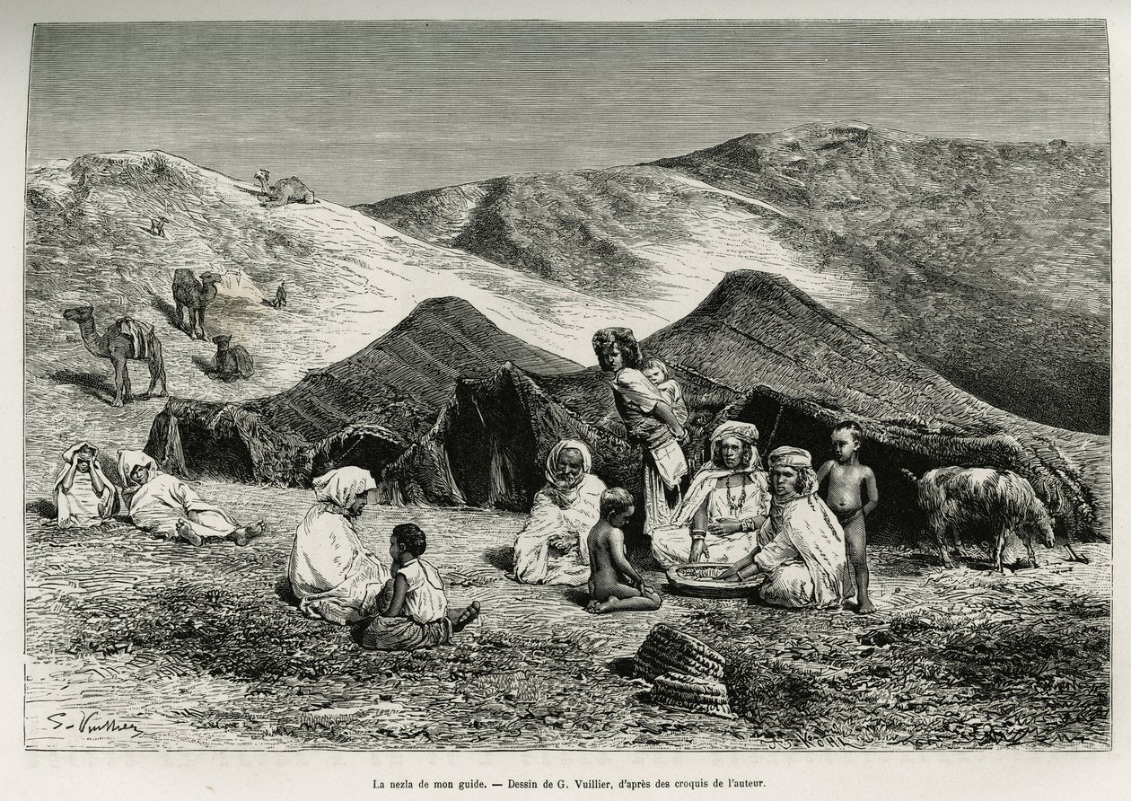 Oppaani nezla (sukulainen). G. Vuillierin kaiverrus havainnollistamaan Algerian Saharaa, V. Largeau, vuosina 1874-1878, julkaistu Tour du mondessa, Edouard Chartonin (1807-1890) johdolla tekijältä Gaston Vuillier