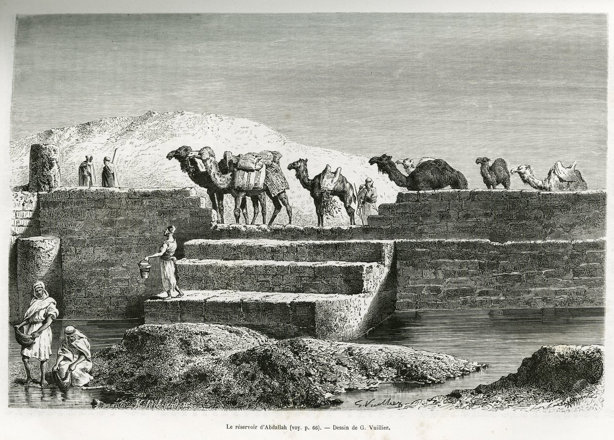 Abdallahin säiliö (Saudi-Arabia). G. Vuillierin kaiverrus havainnollistamaan tarinaa "" pelerinage au Nedjed, arabirodun kehto", Lady Anna Blunt, vuosina 1878-1879, julkaistu Tour du mondessa, Edouard Chartonin (1807-) johdolla. 18 tekijältä Gaston Vuillier