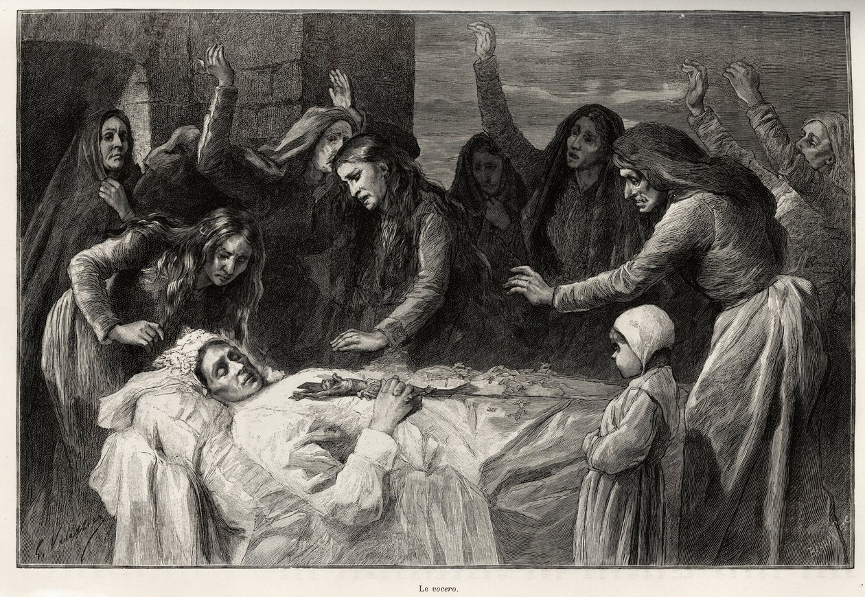 Vocero, korsikalainen funebre-laulu, joka vaatii kostoa. Kaiverrus ja tarina ""La Corse"", kirjoittanut Gaston Vuillier (1845-1915), vuonna 1890 Le tour du mondessa, nouveau journal des voyages, Edouard Chartonin (1807-1890) johdolla tekijältä Gaston Vuillier