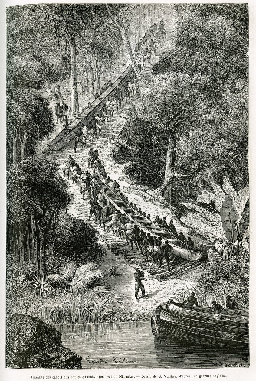Tragging kanootit Innkissi Fallsissa (tai Livingstone Fallsissa) (Kongo), Sir H.M.Stanleyn (1841-1904) johdolla, piirtänyt G.Vuillier havainnollistamaan tarinaa "Through the Mysterious Continent", vuoden 1874 välisenä aikana tehty matka -1877, kirjoittanut tekijältä Gaston Vuillier