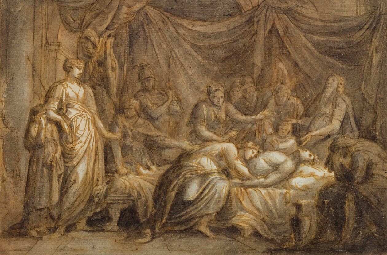 Andromache Mourning the Death of Hector, 1760-63 (kynä ja muste ja pesu paperille) tekijältä Gavin Hamilton