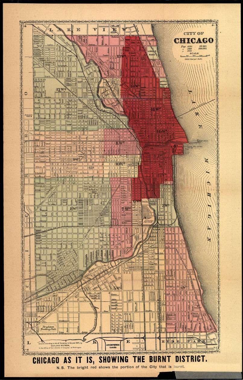 Chicago sellaisena kuin se on, Showing the Burnt District, Edgar Johnson Goodspeedin teoksesta Historia of the Great Fires in Chicago and the West, julkaistu Chicago, 1871 (käsinvärinen litho) tekijältä Gaylord Watson