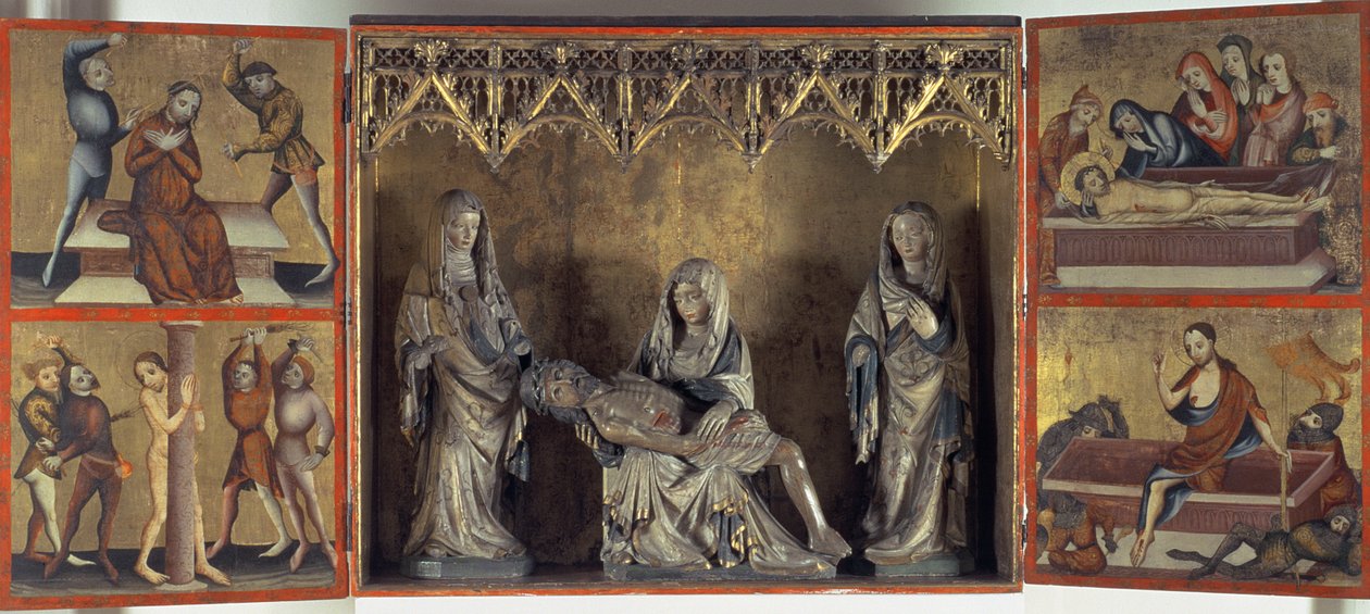 Alttaritaulu, joka kuvaa valituslaulua ja Kristuksen kärsimystä (Pyhän Elizabeth Thüringenin alttari) n. 1410 (tempera paneelissa ja kalkkikivessä) tekijältä Gdansk School