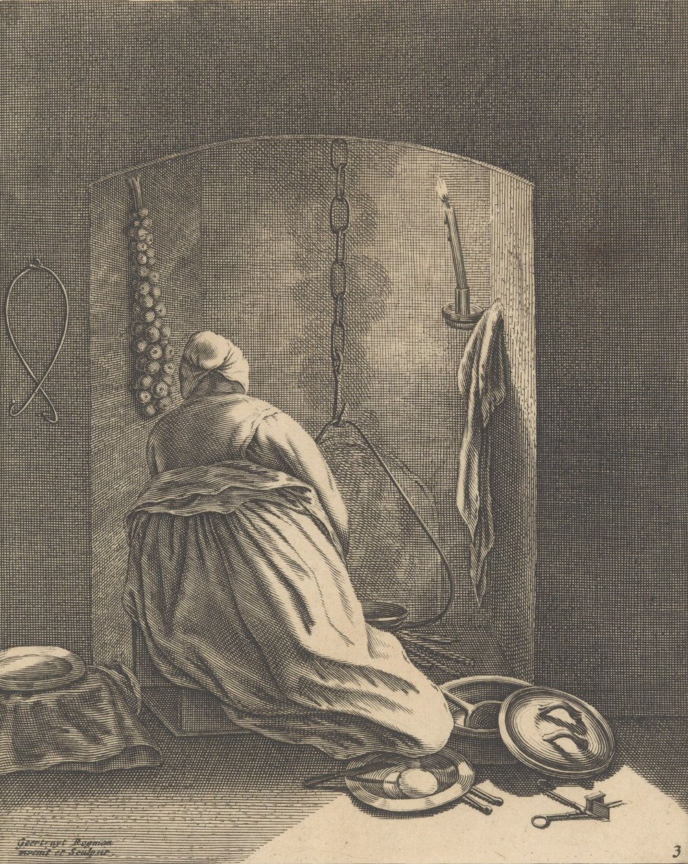 Nainen kokkaamassa, lautanen 3 viidestä naisellisesta ammatista, n. 1640-57, n. 1640-57. tekijältä Geertruydt Roghman