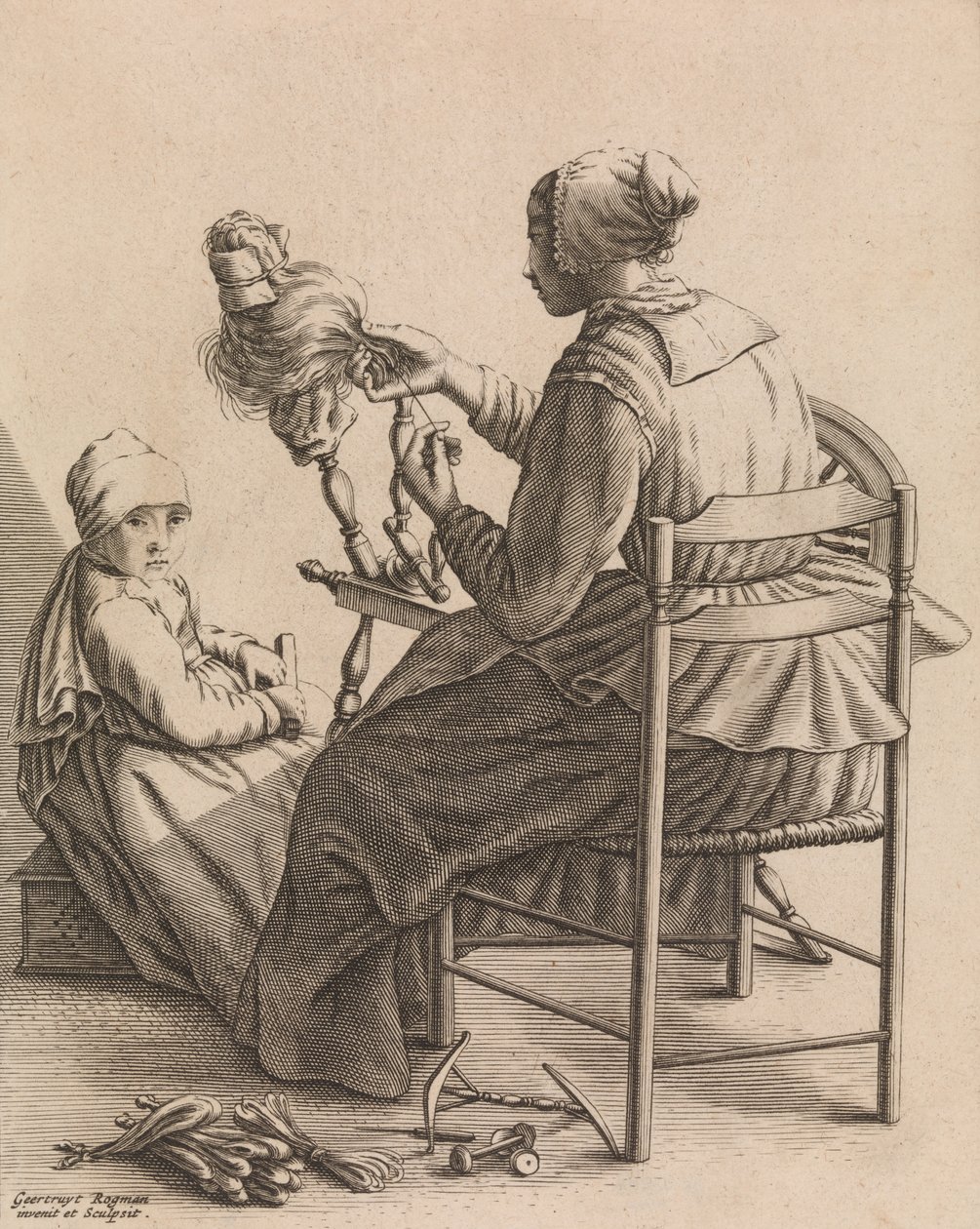 A Woman Spinning, levy 4 viidestä naisellisesta ammatista, n. 1640-57. tekijältä Geertruydt Roghman