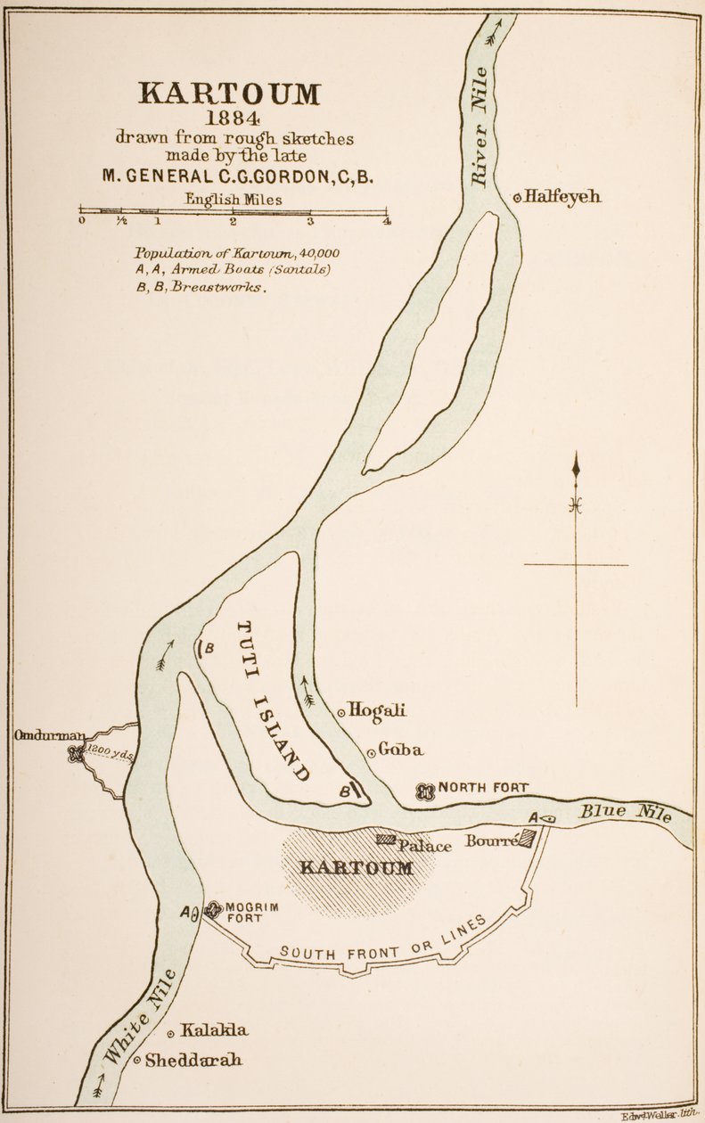 Kartoum, Sudan, 1884, teoksesta "Kenraalimajuri C.G. Gordonin päiväkirjat Kartoumista", Kegan Paul Trench und Co., Lontoo, 1885. tekijältä General Charles Gordon