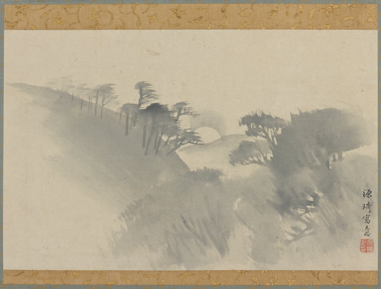 Maisema kukkulalla, puilla ja kuunnousulla, Edo-kausi, 1747-1868. tekijältä Genki