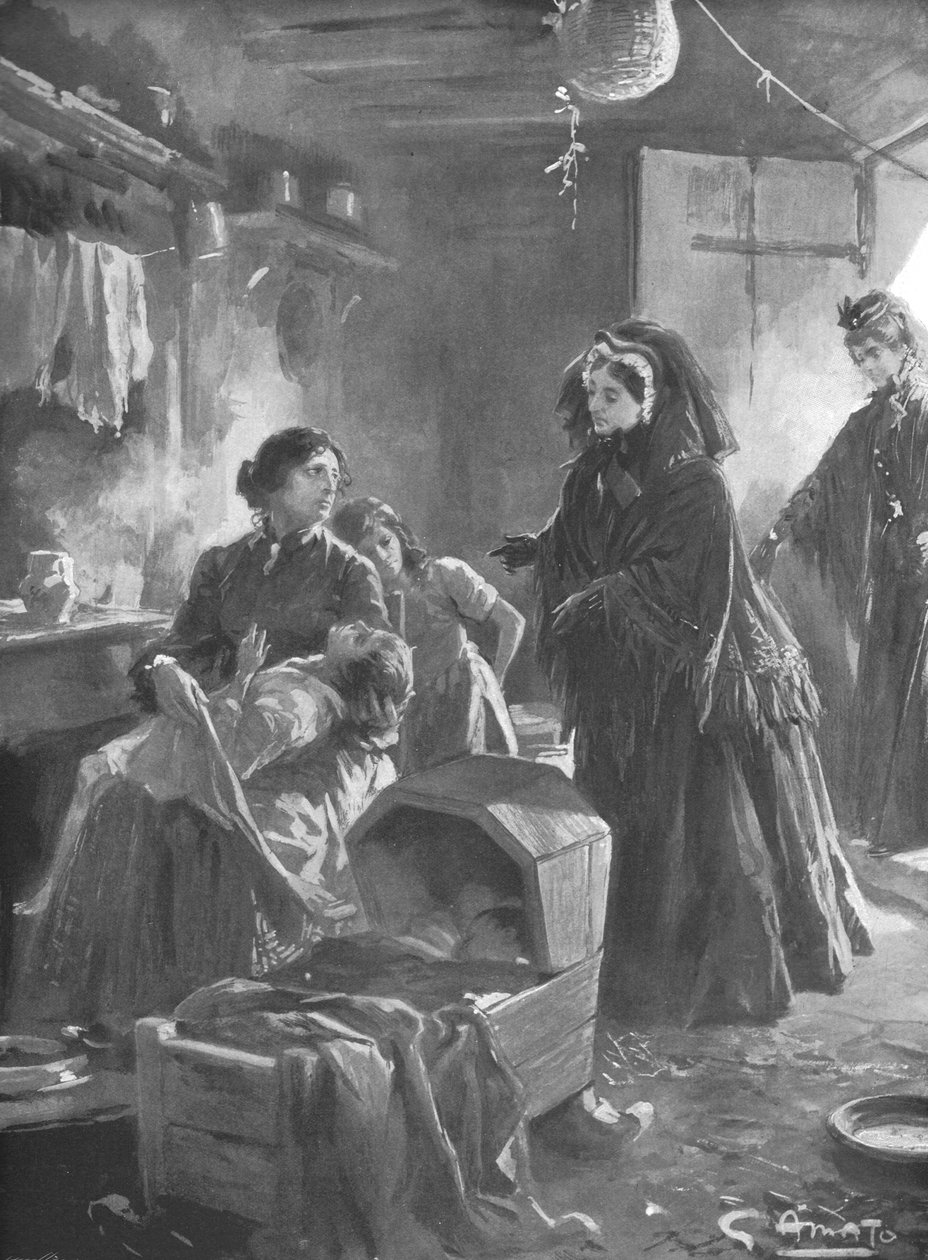 "Kuningatar Victoria ja köyhät: Hänen Majesteettinsa vierailemassa mökkikodissa", 1901. tekijältä Gennaro Amato