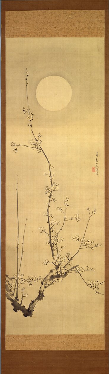 Kukkiva luumupuu täysikuuta vasten, 1800-22 (tussi silkille). tekijältä Gentai Sanjin