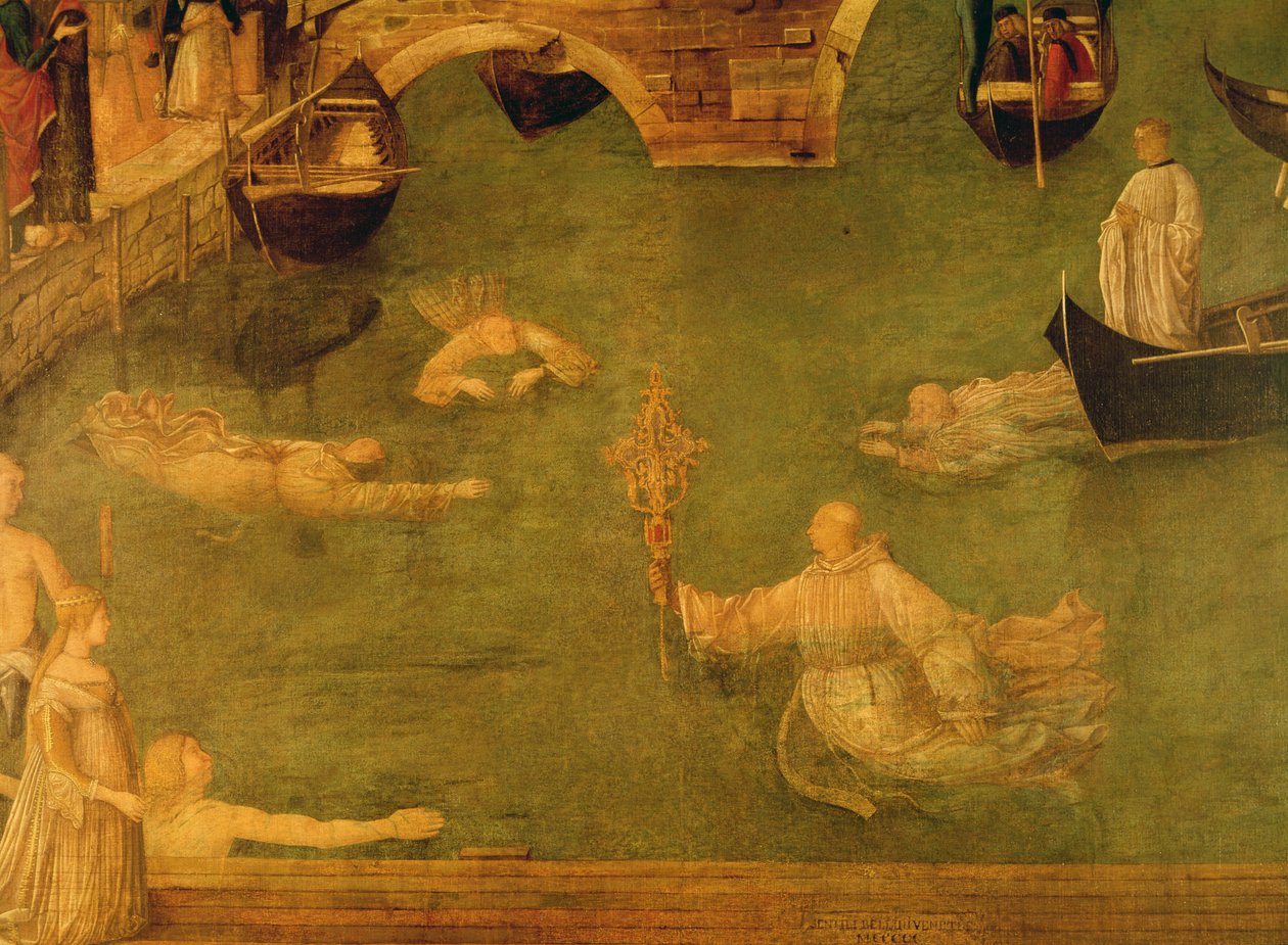 Ristin ihme S. Lorenzon sillalla, yksityiskohta munkkeista uimassa, 1500 tempera kankaalle tekijältä Gentile Bellini