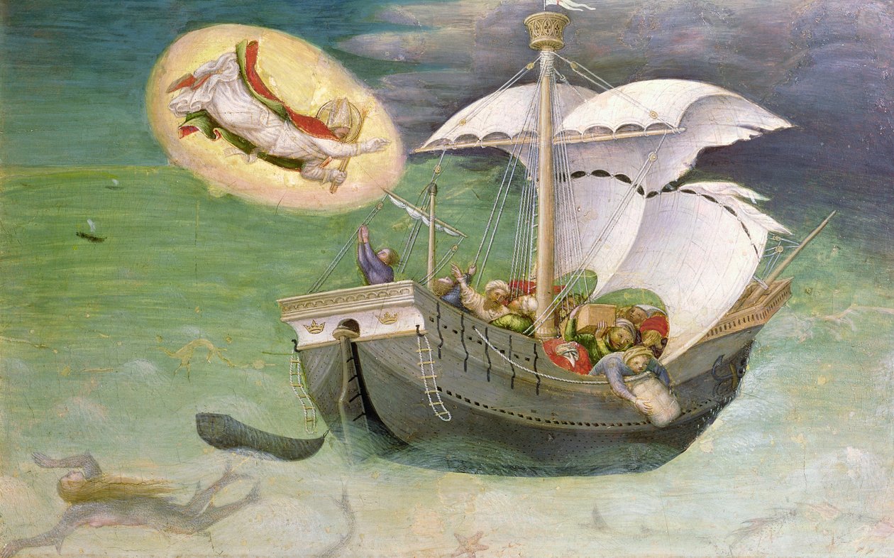 St. Nicholas Saves a Ship from Wreckage, Predella-paneeli Quaratesi-alttaritaulusta, 1425 (tempera paneelissa) tekijältä Gentile da Fabriano