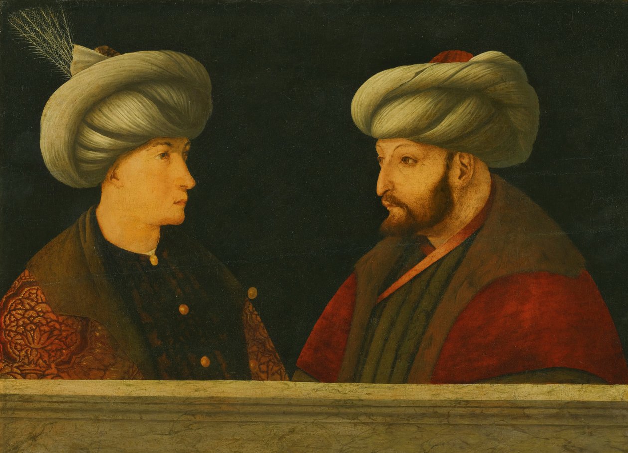 Muotokuva sulttaani Mehmed II:sta (1432-81) nuoren arvomiehen kanssa (öljy puulle) tekijältä Gentile (school of) Bellini