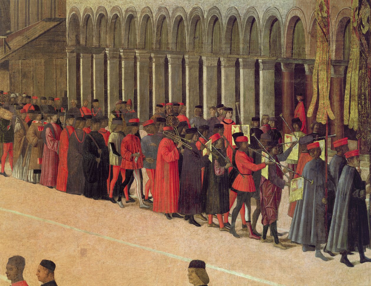 Kulkue Pyhän Markuksen aukiolla, yksityiskohta muusikoista, 1496 öljy kankaalle, yksityiskohta kuvasta 59423 tekijältä Gentile Bellini