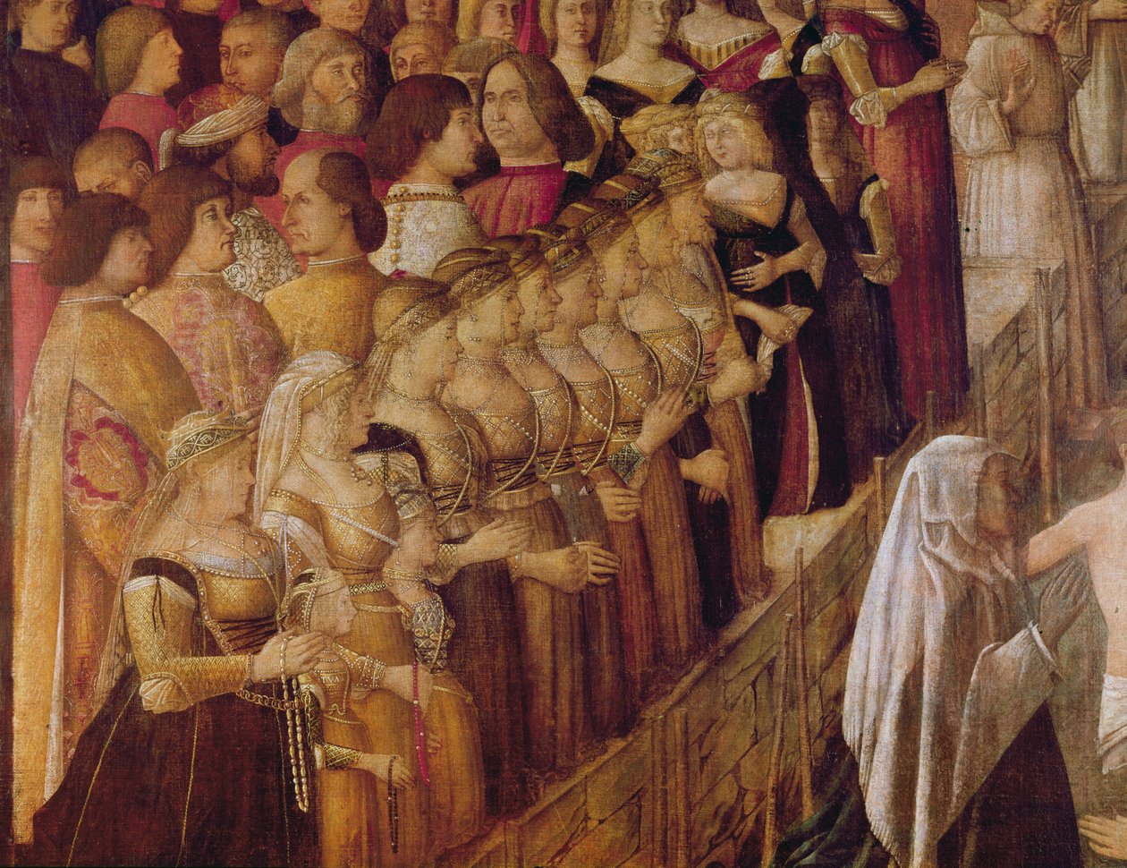 Ristin ihme Saint Lorenzon sillalla, yksityiskohta ryhmästä Catherine Cornaron odottavia naisia ja osa väkijoukosta, 1500 (tempera kankaalle) tekijältä Gentile Bellini