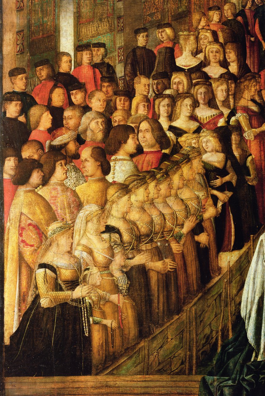 Ristin ihme San Lorenzon sillalla, yksityiskohta Caterina Cornaro 1454-1510 ja hänen naisensa, 1500 öljy kankaalle yksityiskohta 58302:sta tekijältä Gentile Bellini