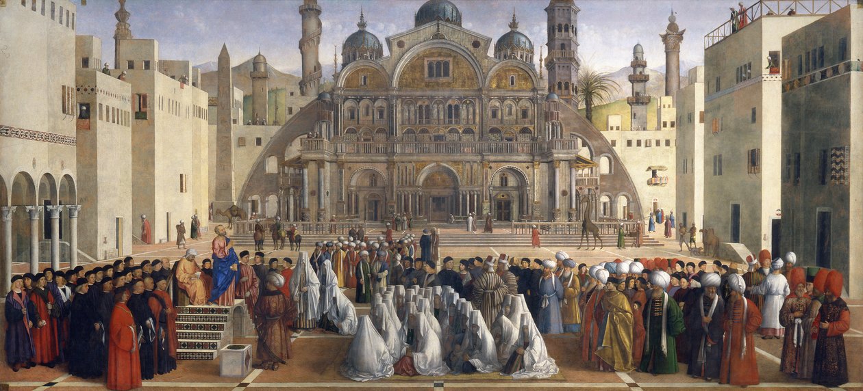 Pyhä Markus saarnaa Aleksandriassa Egyptissä tekijältä Gentile and Giovanni Bellini