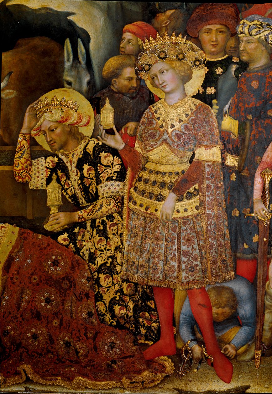 Taikaiden palvonnan alttaritaulu (Pala Strozzi) Yksityiskohta, joka edustaa kahta kuningasta. Gentile da Fabrianon (Gentile di Niccolo) maalaus (1370-1427) 1423 Su. 173x220 cm. Tempera puulla. Firenze, Galleria degli Uffizi (Uffizi) tekijältä Gentile da Fabriano
