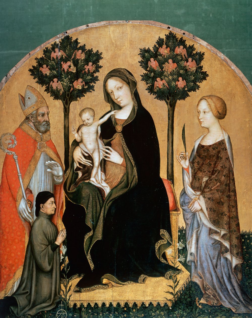 Madonna lapsen ja Pyhän Katariinan, Pyhän Nikolauksen ja luovuttajan kanssa (tempera paneelissa) tekijältä Gentile da Fabriano
