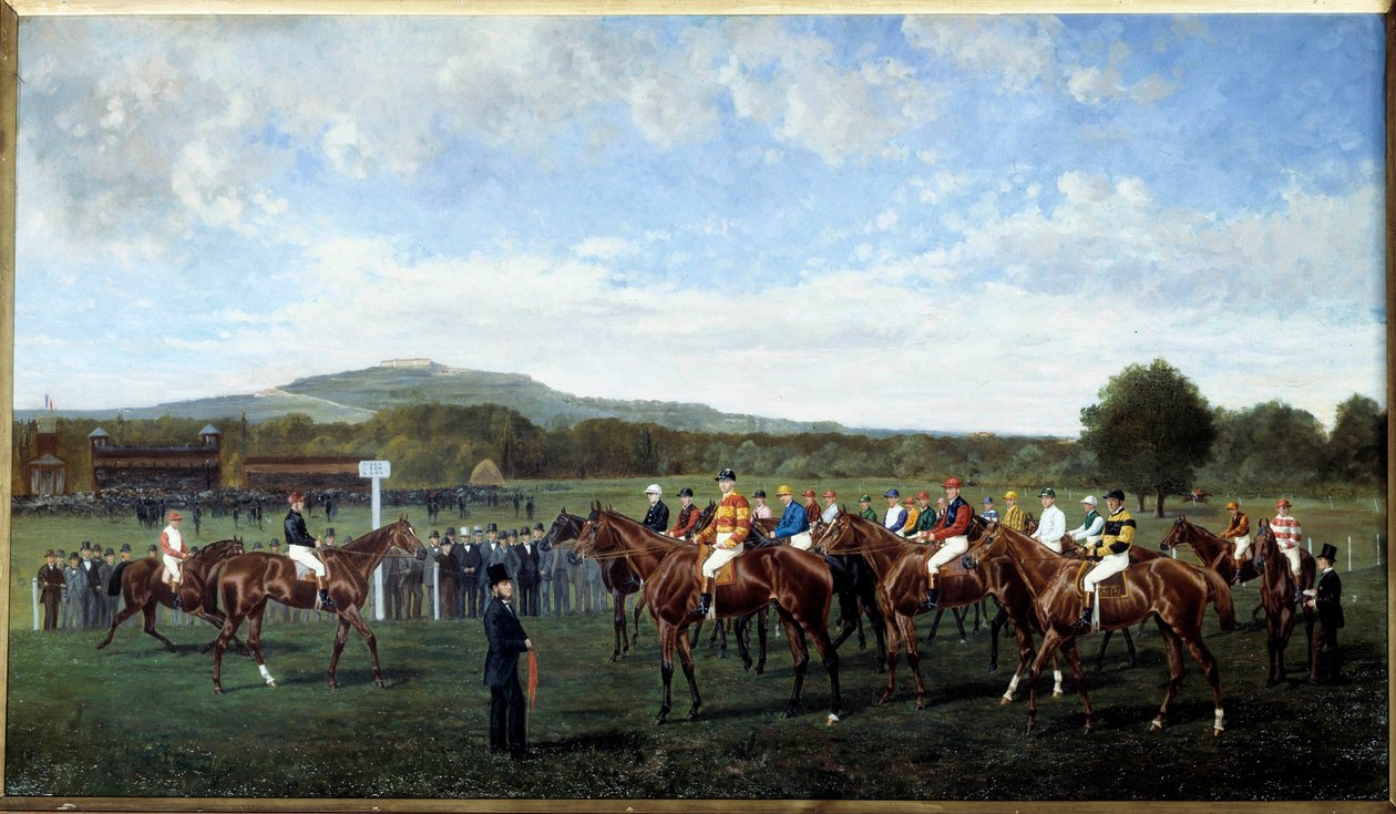 Lähtö Longchampista, jonka paroni Foy antoi vuonna 1877 Hevosten asettaminen kilpailun alkuun raviradalla. Geo Arnullin maalaus (1800-luku) 1877. Paris, Societe rohkaisu tekijältä Geo Arnull