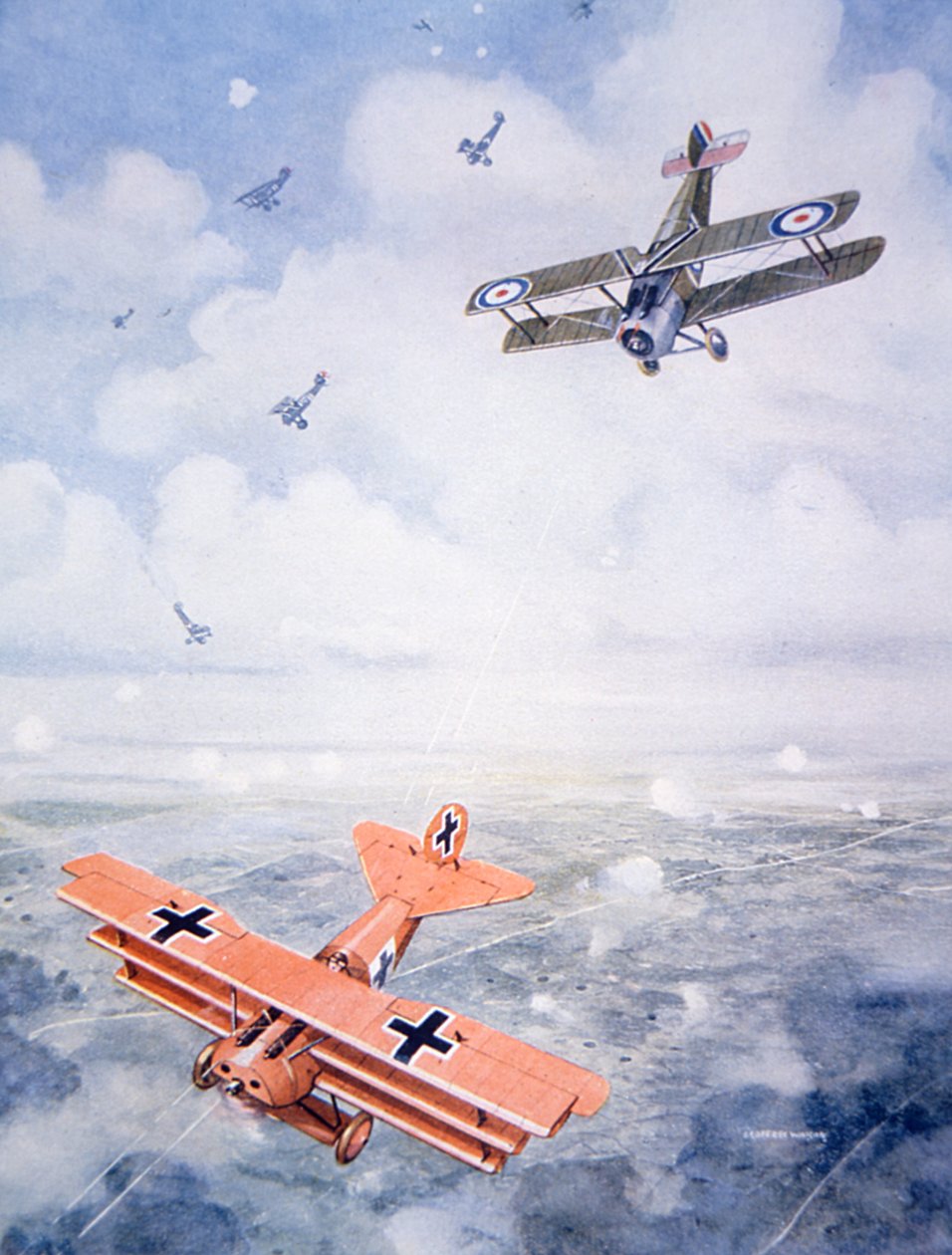 Kapteeni Baron von Richthofenin viimeinen lento, n. 1920 (värilitho) tekijältä Geoffrey (after) Watson