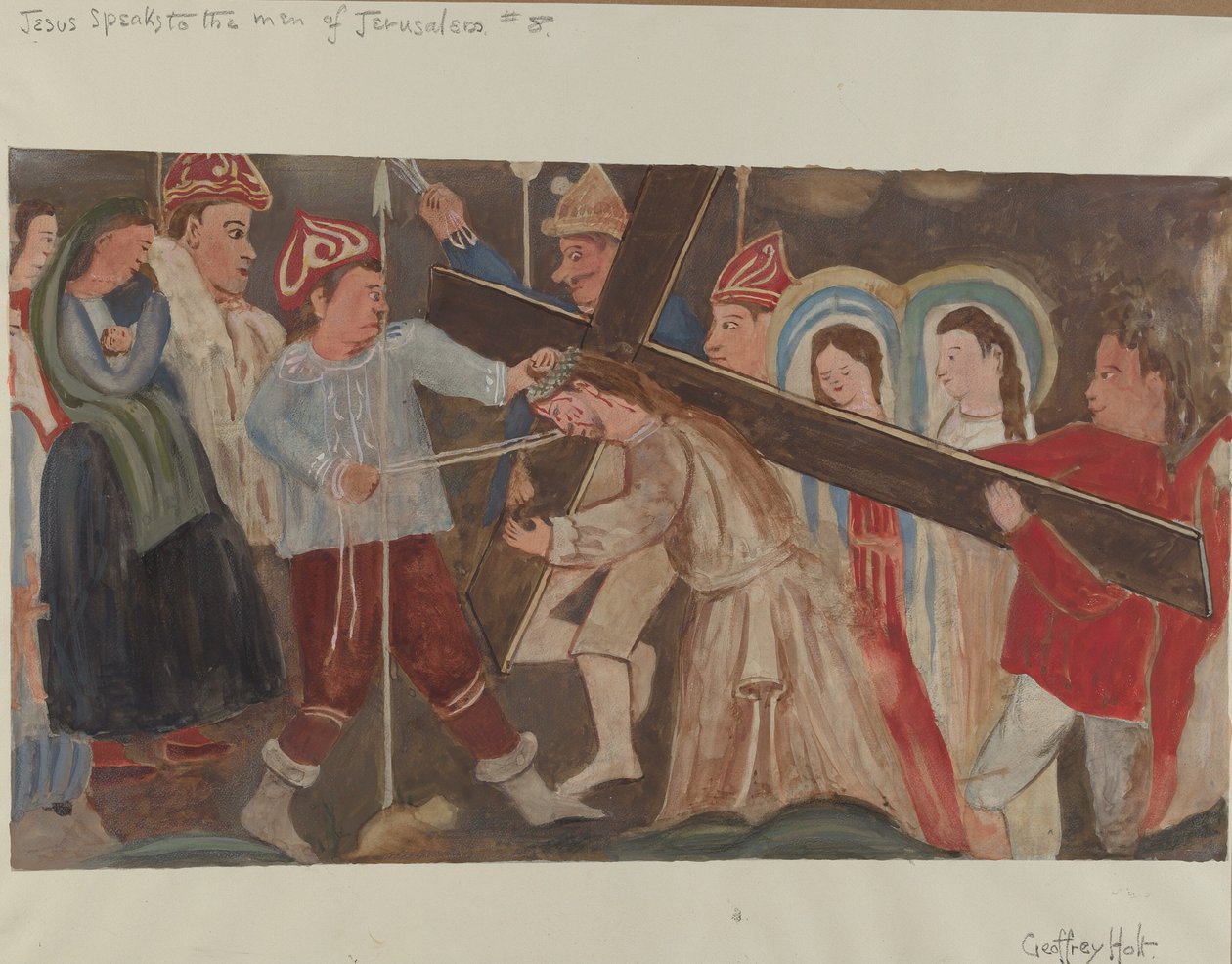 Ristin asema nro 8: Jeesus puhuu Jerusalemin naisille, n. 1936. tekijältä Geoffrey Holt