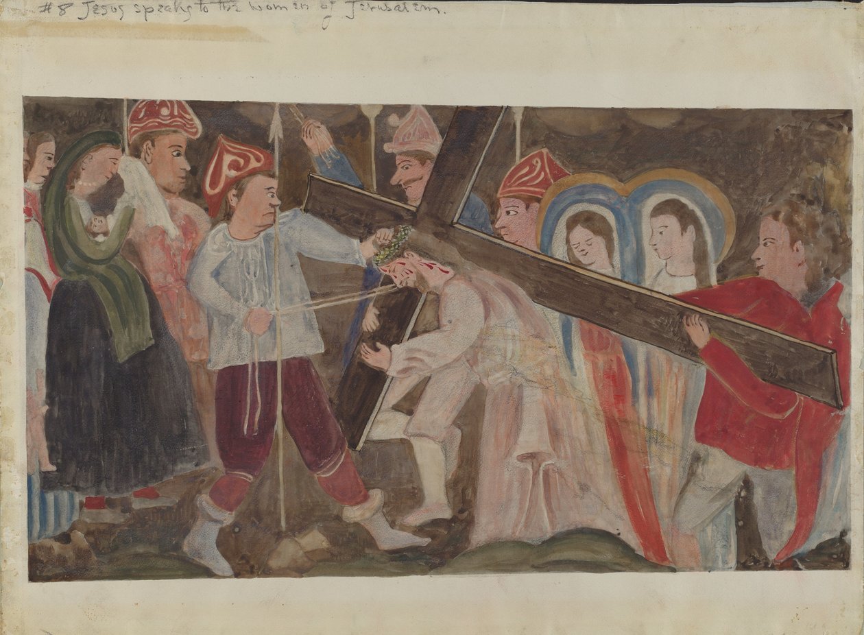 Ristin asemat nro 8: Jeesus puhuu Jerusalemin naisille, n. 1936. tekijältä Geoffrey Holt